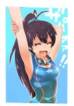  1girl arms_up black_hair closed_eyes competition_swimsuit fang ganaha_hibiki go-gyan-sun idolmaster long_hair one-piece_swimsuit open_mouth swimsuit 