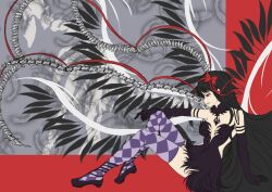  akemi_homura akuma_homura black_hair bone checkered_thighhighs gkgk2gk22 highres long_hair magical_girl mahou_shoujo_madoka_magica mahou_shoujo_madoka_magica:_hangyaku_no_monogatari multiple_wings purple_thighhighs solo spines thigh-highs very_long_hair violet_eyes wings 
