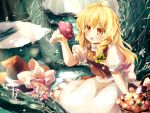  1girl apron basket blonde_hair bow braid brown_dress brown_eyes dress forest gengetsu_chihiro hair_ribbon hat hat_bow hat_removed headwear_removed highres kirisame_marisa long_hair mushroom nature open_mouth puffy_sleeves ribbon shirt short_sleeves single_braid sitting solo star touhou waist_apron witch_hat 