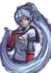  1girl android blue_hair headphones labrys long_hair persona persona_4:_the_ultimate_in_mayonaka_arena ponytail red_eyes robot_joints rough school_uniform serafuku smile solo soweldao very_long_hair 