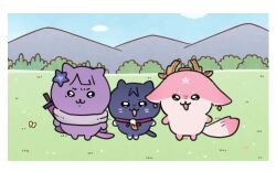  :3 animalization blue_sky blunt_bangs border bug bush butterfly choker closed_mouth clouds cloudy_sky earrings feathers flower full_body genshin_impact gold grasslands hair_flower hair_ornament hime_cut jewelry looking_at_viewer mother_and_son mountain no_humans nonons open_mouth outdoors parody pink_fox pom_pom_(clothes) purple_cat purple_flower purple_scarf raiden_shogun red_choker scaramouche_(cat)_(genshin_impact) scaramouche_(genshin_impact) scarf sky standing straight-on style_parody sword sword_behind_back weapon whiskers white_border yae_miko yae_miko_(fox) yellow_butterfly yellow_feathers 