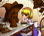  1girl alice_margatroid apron armless blonde_hair blue_eyes book bow braid bust chocolate chocolate_bar cookie_cutter drawer ears expressionless flower hair_bow hairband hat head_rest highres kakiikada kirisame_marisa lolita_hairband long_hair open_book pot puffy_short_sleeves puffy_sleeves rose sack short_hair short_sleeves single_braid solo striped striped_background table touhou witch_hat young 
