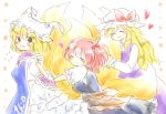  3girls blonde_hair blue_eyes closed_eyes dress fang flying_sweatdrops fox_tail hair_bobbles hair_ornament hat hat_ribbon hat_with_ears heart long_hair long_sleeves maru_usagi multiple_girls multiple_tails onozuka_komachi open_mouth pink_hair puffy_sleeves purple_dress ribbon sash shirt short_hair short_sleeves skirt smile tabard tail tail_hug touhou two_side_up white_dress yakumo_ran yakumo_yukari 