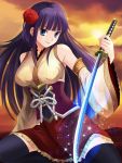  1girl artist_request bare_shoulders black_hair blue_eyes detached_sleeves long_hair original solo sword thigh-highs weapon weapon_girls 
