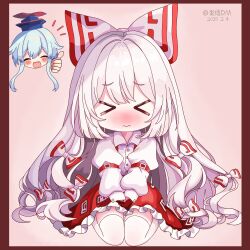  >_< 1girl absurdres blue_hair blue_hat blush bow chibi closed_mouth commentary_request embarrassed frilled_skirt frills fujiwara_no_mokou hair_bow happy hat highres juliet_sleeves kamishirasawa_keine liefeng_dm long_hair long_sleeves nose_blush puffy_sleeves red_skirt red_suspenders seiza shirt sidelocks sitting skirt sleeve_garter suspender_skirt suspenders thigh-highs thumbs_up touhou very_long_hair wavy_mouth white_bow white_hair white_shirt white_thighhighs 