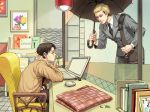  2boys black_hair blonde_hair book coffee_mug computer contemporary erwin_smith jacket laptop levi_(shingeki_no_kyojin) multiple_boys shingeki_no_kyojin umbrella yireheo 