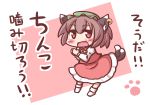  1girl animal_ears blush brown_hair cat_ears cat_tail chen chibi earrings fang hands_together hat jewelry maitora multiple_tails open_mouth paw_print red_eyes solo tail touhou translated 