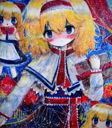  1girl alice_margatroid blonde_hair blue_eyes blush bow commentary dress hairband highres jewelry kaikanaaaaa lolita_hairband pale_skin ring scribble solo touhou 