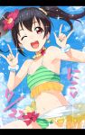  1girl bikini black_hair bow clouds flower hair_ornament looking_at_viewer love_live!_school_idol_project midriff navel open_mouth pose red_eyes shishigomi short_hair sky smile solo swimsuit twintails wink yazawa_nico 
