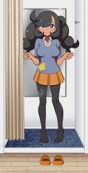  1girl black_hair black_pantyhose blue_eyes blue_shirt breasts closed_mouth commentary_request commission curtains emma_(pokemon) eyes_visible_through_hair fitting_room highres kohatsuka long_hair looking_at_viewer medium_breasts mirror no_shoes orange_footwear orange_skirt paid_reward_available pantyhose pixiv_commission pleated_skirt pokemon pokemon_xy shirt skirt smile solo straight-on torn_clothes torn_pantyhose twin_braids twintails unworn_footwear w_arms 