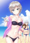  3girls :3 :d anastasia_(idolmaster) animal_ears beach bikini black_bikini blue_bikini blue_eyes blush bob_cut breasts brown_hair cat_ears character_request cleavage collarbone fang front-tie_top green_eyes idolmaster idolmaster_cinderella_girls jacket jewelry kisugi_akira long_hair looking_at_viewer maekawa_miku multiple_girls navel necklace off_shoulder open_mouth paw_pose red_bikini short_hair side-tie_bikini silver_hair smile sweat swimsuit takamine_noa yellow_eyes 