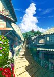  absurdres clouds east_asian_architecture flower hair_flower hair_ornament highres japanese_clothes kanipanda kimono lamppost oriental_umbrella original pagoda plant scenery sky stairs summer umbrella yukata 