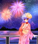  1girl \n/ aerial_fireworks alternate_costume bat_wings blue_hair blush candy_apple doku_(lose_faith) fireworks floral_print flower forest japanese_clothes kimono lake light_smile looking_at_viewer mountain nature new_mask_of_hope night night_sky obi railing red_eyes reflection remilia_scarlet rose short_hair sky solo star_(sky) starry_sky touhou wings yukata 