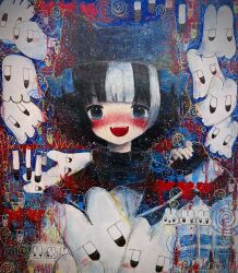  1girl animal_hat black_hair blue_eyes blunt_bangs blush bow cat_hat commentary fangs hair_bow hat highres kaikanaaaaa multiple_hair_bows nose_blush open_mouth original pale_skin scribble smile symbol-only_commentary turtleneck 