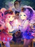  butterfly clouds earrings fairy_wings gloves green_eyes hat highres holding_hands jewelry long_hair mask night night_sky original pantyhose pier pink_eyes pink_hair ponytail purple_hair skirt sky sorolp sparkle star_(sky) thigh-highs twintails water wings zettai_ryouiki 