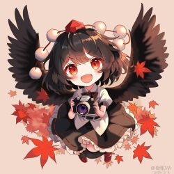  1girl :d absurdres autumn_leaves belt bird_wings black_belt black_bow black_bowtie black_hair black_skirt black_wings blush bow bowtie camera chibi collared_shirt feathered_wings frilled_skirt frills geta hat highres holding holding_camera leaf liefeng_dm looking_at_viewer medium_hair open_mouth pom_pom_(clothes) puffy_short_sleeves puffy_sleeves red_eyes red_footwear red_hat shameimaru_aya shirt short_sleeves skirt smile tengu-geta tokin_hat touhou untucked_shirt v-shaped_eyebrows white_shirt wings 