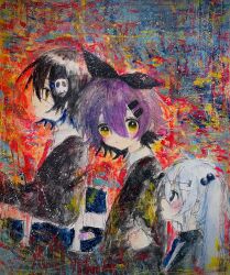  black_hair blush bow hair_bobbles hair_bow hair_ornament hairclip highres kaikanaaaaa original pale_skin panda_girl_(kaikanaaaaa) purple_hair scribble shirt short_hair skull_hair_ornament white_hair white_shirt yellow_eyes 