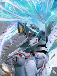 1boy absurdres armor bodysuit cape desire_driver fox_mask geats_buster_qb9 glowing helmet highres holding kamen_rider kamen_rider_geats kamen_rider_geats_(series) kamen_rider_geats_ix light_particles male_focus mask omochi_mochi_(mcmc_akari) rider_belt solo tokusatsu weapon yellow_eyes