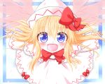  1girl blonde_hair blue_eyes blush bow capelet cherry_blossoms close-up dress hat lily_white long_hair long_sleeves looking_at_viewer mofu_mofu open_mouth outstretched_arms petals smile solo touhou wide_sleeves wings 