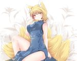  1girl alternate_costume animal_ears blonde_hair breasts china_dress chinese_clothes floral_print fox_ears fox_tail hammer_(sunset_beach) multiple_tails no_hat short_hair sitting sleeveless smile solo tail touhou yakumo_ran yellow_eyes 