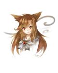  1girl animal_ears blush brooch brown_hair bust collarbone eyelashes hair_in_mouth hisagifuro imaizumi_kagerou jewelry lips long_hair looking_at_viewer red_eyes simple_background slit_pupils smile solo touhou white_background wolf_ears 