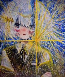  1girl absurdres blush commentary crying crying_with_eyes_open highres kaikanaaaaa open_mouth original scribble shirt sparkle sparkle_hair_ornament tears vest white_hair white_shirt 