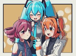  3girls a.i._voice adachi_rei ahoge black_shirt black_sleeves blue_hair blue_necktie blush breast_pocket buttons chopsticks closed_mouth collarbone collared_shirt detached_sleeves drill_hair flat_chest food food_on_face gloves grey_shirt hair_ornament hair_ribbon hairclip hatsune_miku headlamp headphones headset highres holding holding_chopsticks hood hooded_jacket jacket kakue_gaku kasane_teto long_hair meatball microphone multiple_girls necktie open_clothes open_jacket orange_eyes orange_hair pocket radio_antenna red_hair ribbon shirt side_ponytail sleeveless sleeveless_shirt sweat teeth tongue twin_drills twintails upper_body upper_teeth_only utau vocaloid white_gloves white_jacket wing_collar 