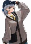  1girl alternate_costume bag baseball_cap cardigan casual dress_shirt earrings green_eyes hair_ribbon handbag hat highres hololive jewelry nail_polish necktie ribbon shirogane_noel shirt silver_hair simple_background sleeves_past_wrists solo virtual_youtuber white_background zumi6 