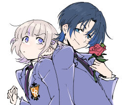  2girls androgynous back-to-back blazer blonde_hair blue_eyes blue_hair blue_nails bug closed_mouth cosplay flower from_side gradient_hair hand_up henriiku_(ahemaru) highres hiodoshi_ao holding holding_flower hololive hololive_dev_is jacket lapels looking_at_another looking_back mole mole_under_mouth multicolored_hair multiple_girls necktie ouran_high_school_host_club ouran_high_school_uniform pinky_out purple_hair purple_jacket purple_necktie raised_eyebrow red_flower red_rose rose school_uniform shirt short_hair simple_background smirk todoroki_hajime two_side_up upper_body v-shaped_eyebrows violet_eyes white_background white_shirt 