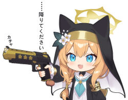  1girl animal_ear_headwear arm_at_side armband black_dress blue_archive blue_eyes blush braid chibi commentary desert_eagle dress eyebrows_hidden_by_hair eyelashes flower frilled_sleeves frills glint gun hair_between_eyes halo handgun hat hat_flower hat_ornament highres holding holding_gun holding_weapon leaf_hat_ornament long_hair long_sleeves low-tied_long_hair mari_(blue_archive) mutsuse nun open_mouth orange_hair outstretched_arm puffy_long_sleeves puffy_sleeves sailor_collar school_uniform serafuku simple_background single_braid smile solo translated two-tone_dress upper_body weapon white_background white_dress white_flower white_sailor_collar yellow_armband yellow_halo 
