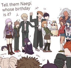  +++ 6+boys 6+girls :d ahoge asahina_aoi birthday birthday_cake black_footwear black_hair black_serafuku black_socks black_thighhighs blue_sailor_collar blunt_bangs blush braid brown_hair cake candle celestia_ludenberg character_name commentary_request crossed_arms danganronpa:_trigger_happy_havoc danganronpa_(series) dark-skinned_female dark_skin english_text enoshima_junko everyone food fujisaki_chihiro fukawa_toko full_body glasses hagakure_yasuhiro happy_birthday heart highres ikusaba_mukuro ishimaru_kiyotaka kirigiri_kyoko kmnm_1403 kneehighs kneeling kuwata_leon long_hair long_sleeves maizono_sayaka multiple_boys multiple_girls naegi_makoto no_eyes notice_lines ogami_sakura owada_mondo pompadour purple_hair sailor_collar scar scar_on_face school_uniform serafuku shirt short_hair simple_background smile socks spiky_hair standing sweatdrop swimsuit thigh-highs togami_byakuya twin_braids v_arms white_background white_shirt white_socks yamada_hifumi zettai_ryouiki 