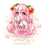  1girl artist_name character_name cherry chibi detached_sleeves food food_as_clothes food_themed_clothes fruit hatsune_miku kneeling long_hair necktie open_mouth outstretched_arm pink_eyes pink_hair platinum_fantasia sakura_miku skirt solo thigh-highs twintails very_long_hair vocaloid 