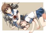  2girls black_hair brown_hair character_request closed_eyes drooling hand_on_head kantai_collection lap_pillow looking_at_another lying lying_on_lap multiple_girls neckerchief on_lap on_stomach personification pleated_skirt school_uniform serafuku shirt short_hair short_sleeves sitting skirt sleeping smile umekichi yellow_eyes 