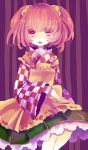  1girl apron bell book checkered checkered_shirt clothes_writing hair_bell hair_ornament hiyualice japanese_clothes jingle_bell long_sleeves motoori_kosuzu open_mouth red_eyes redhead short_hair skirt solo touhou twintails wide_sleeves 