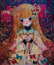  1girl blunt_bangs blush bow commentary double_bun hair_bow hair_bun highres kaikanaaaaa long_hair multiple_hair_bows orange_hair original pale_skin scribble shirt solo symbol-only_commentary 