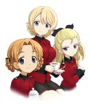  3girls assam blonde_hair blue_eyes braid breasts brown_hair cup darjeeling girls_und_panzer hair_ribbon long_hair military military_uniform multiple_girls notebook orange_pekoe pleated_skirt ribbon sasaki_akira_(ugc) saucer short_hair sitting skirt smile tea teacup teapot uniform 