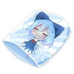  1girl akisha blue_dress blue_hair cirno closed_eyes cooling_pad dress drooling outstretched_arms puffy_sleeves short_sleeves simple_background sleeping solo touhou translated white_background zzz 
