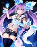  1girl blue_eyes blue_hair boots braid camomi gen&#039;ei_wo_kakeru_taiyo hoshikawa_seira jewelry navel purple_hair shorts thighhighs twintails violet_eyes 