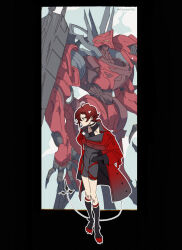  1boy ahoge black_gloves bodysuit claws collared_jacket covered_navel earrings fake_tail gloves hand_on_own_hip highres holostars holostars_english jacket jewelry machina_x_flayon male_focus mecha mecha_pilot_suit r-trus_(machina_x_flayon) red_hair red_jacket robot screetuber tail virtual_youtuber 