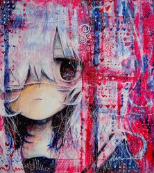  1girl absurdres commentary eyepatch heart highres kaikanaaaaa original pale_skin sailor_collar scribble shirt solo symbol-only_commentary white_hair white_sailor_collar 