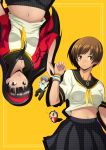  2boys 2girls amagi_yukiko black_eyes black_hair blush brown_eyes brown_hair cardigan hairband highres kuma_(persona_4) long_hair midriff multiple_boys multiple_girls narukami_yuu navel persona persona_4 satonaka_chie school_uniform short_hair simple_background sweatband taru_neko yellow_background 