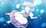  1girl :d blue_hair bubble chibi dress open_mouth original red_dress red_eyes scroll smile teeth v water 
