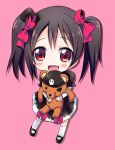  1girl black_hair blush bow chibi eyepatch hair_bow hat looking_at_viewer love_live!_school_idol_project open_mouth red_eyes simple_background skirt skull smile solo stuffed_animal stuffed_toy tamaran teddy_bear twintails yazawa_nico 