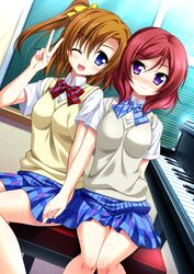  2girls ;d blue_eyes blush brown_hair endori instrument kousaka_honoka love_live!_school_idol_project multiple_girls nishikino_maki one_side_up open_mouth piano redhead school_uniform short_hair sitting skirt smile v violet_eyes wink 