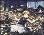  1girl blonde_hair book broom dress gagharv992 hat hat_removed headwear_removed kirisame_marisa long_hair lying messy_room no_hat solo touhou witch_hat yellow_eyes 