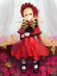  1girl blonde_hair blue_eyes bonnet cup curtains doll_joints dress drill_hair flower highres long_hair mary_janes pantyhose rose rozen_maiden shinku shoes sitting solo teacup traditional_media tuzki twintails very_long_hair white_legwear window 