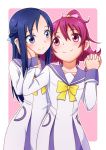  2girls aida_mana blue_eyes blue_hair blush braid couple dokidoki!_precure eye_contact half_updo hand_on_another&#039;s_cheek hand_on_another&#039;s_face hishikawa_rikka holding_hands interlocked_fingers long_hair looking_at_another minu multiple_girls pink_background pink_eyes pink_hair precure school_uniform short_hair simple_background smile yuri 