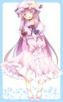  1girl aliprojectlove blush capelet crescent dress frame hair_ribbon hat long_hair long_sleeves open_mouth patchouli_knowledge pink_dress purple_hair ribbon smile solo touhou tress_ribbon v_arms very_long_hair violet_eyes wide_sleeves 