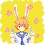  1boy animal_ears blonde_hair double_v flower free! hazuki_nagisa male open_mouth rabbit_ears red_eyes school_uniform serafuku short_hair smile v 