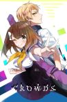  1boy 1girl :&gt; blonde_hair brown_eyes brown_hair cow_(shadow) gatchaman_crowds ichinose_hajime pantyhose school_uniform suspenders sword_bag tachibana_sugune v wink yellow_eyes 